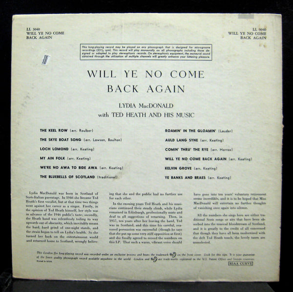 LYDIA MACDONALD will ye no come back again LP VG+ LL.3040 Mono UK Vinyl Record - Shuga Records