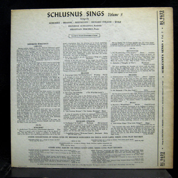 Heinrich Schlusnus - Sings Vol 3 LP VG+ DL 9622 Decca USA 1952 Erik Nitsche 1st - Shuga Records