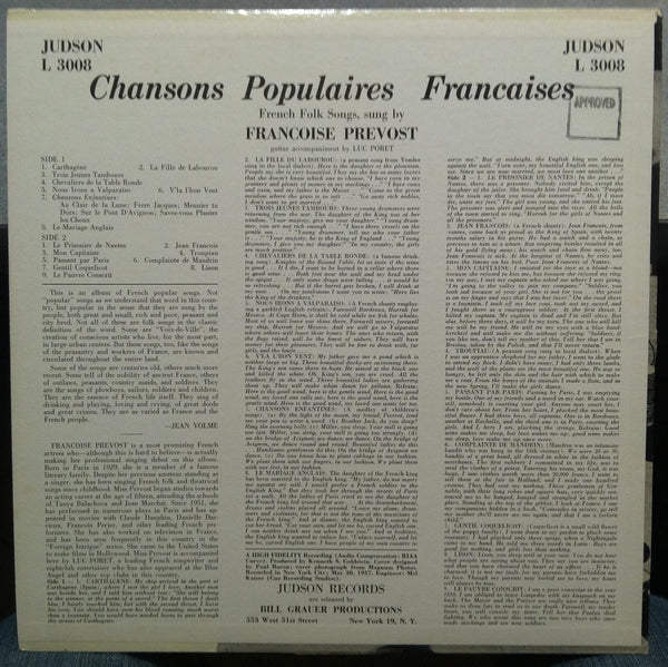 FRANCOISE PREVOST chamsons populaires francaises LP Mint- L3008 Vinyl 1957 - Shuga Records