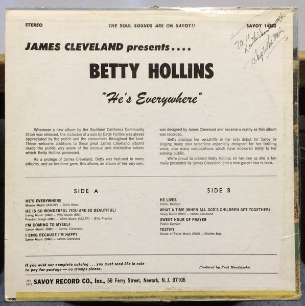 Betty Hollins - He's Everywhere LP VG+ MG 14382 Savoy 1975 Soul Gospel USA - Shuga Records