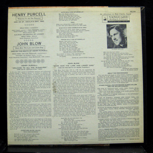 ALFRED DELLER purcell & blow LP Mint- BG 590 Bach Guild USA Joseph Low Art - Shuga Records
