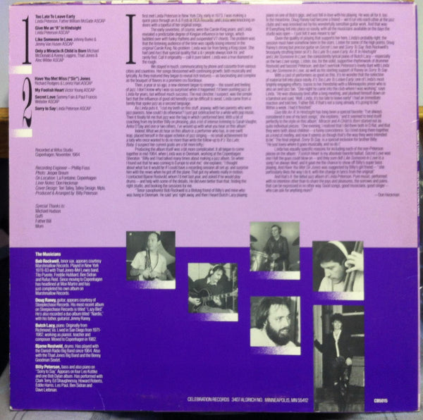 Linda Peterson - Jazz Musik Too Late To Leave Early LP Mint- Private Jazz - Shuga Records