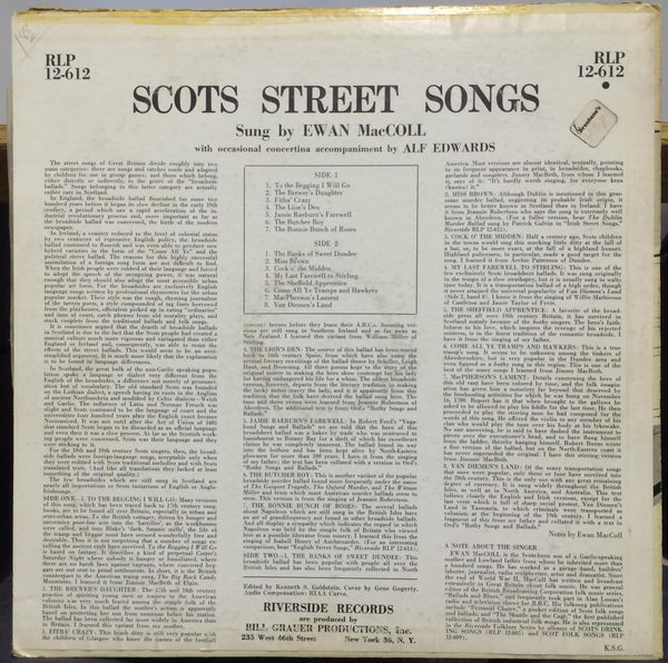 Ewan Maccoll - Scots Street Songs LP VG+ RLP 12-612 Mono 1959 Riverside 1st - Shuga Records