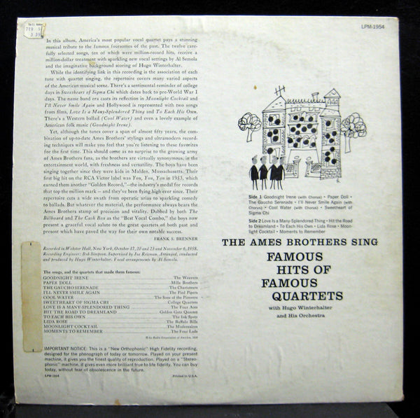 Ames Brothers - Sing Famous Hits Of Famous Quartets LP VG+ LPM-1954 1S/1S Vinyl - Shuga Records