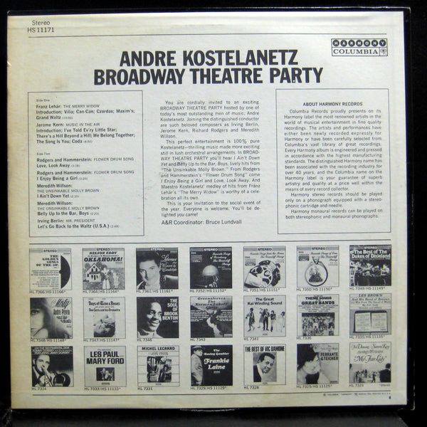 Andre Kostelanetz - Broadway Theatre Party LP VG+ HS 11171 Vinyl Record - Shuga Records