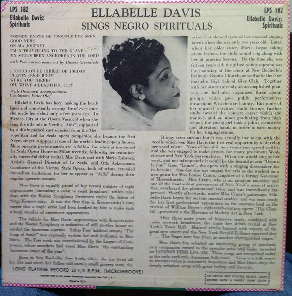 ELLABELLE DAVIS sings negro spirituals 10" Rare VG LPS.182 1st Press UK 1950 - Shuga Records