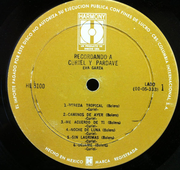 Eva Garza - Recordando A Curiely Y Pardave LP VG+ Mexico CBS HL 8100 Mono Latin - Shuga Records