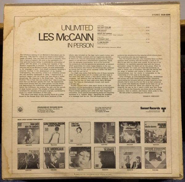 Les McCann - Unlimited In Person (1960) - VG+ LP Record 1970 Sunset USA Vinyl - Jazz / Bop - Shuga Records