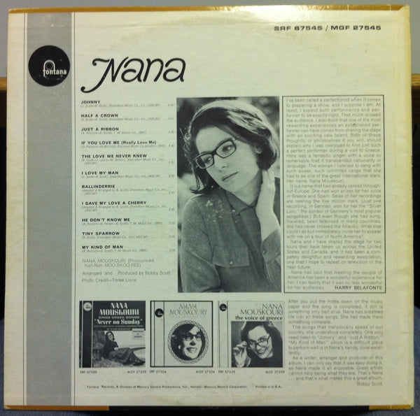 Nana Mouskouri - Nana LP VG MGF-27545 Fontana Mono 1965 USA Vinyl Record 1st - Shuga Records