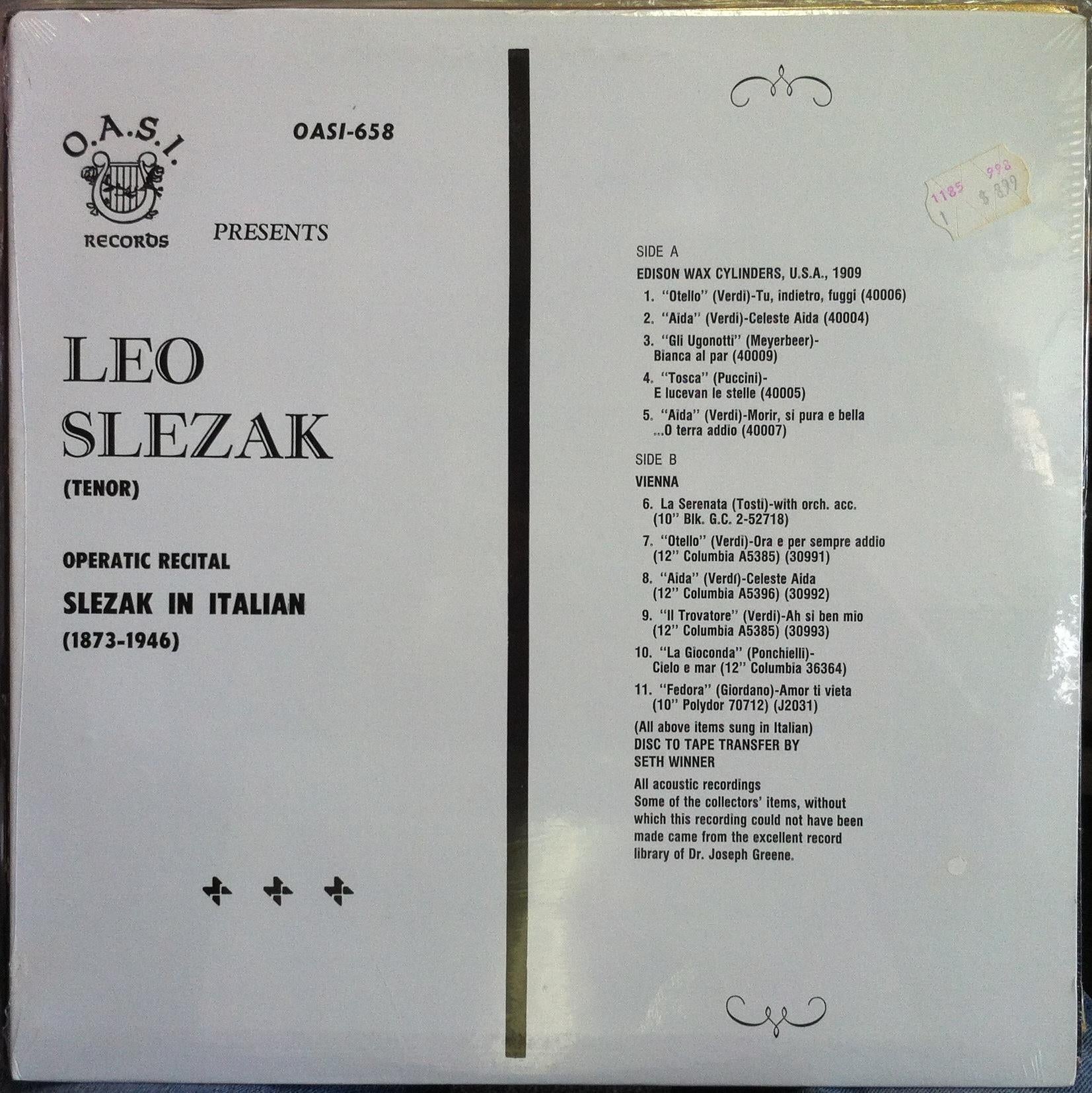 LEO SLEZAK operatic recital in italian LP Sealed OASI 658 Vinyl RARE 1873-1946 - Shuga Records