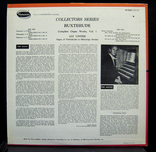ALF LINDER buxtehude organ works vol 1 LP VG+ W-9305 Mono Vinyl  Record - Shuga Records