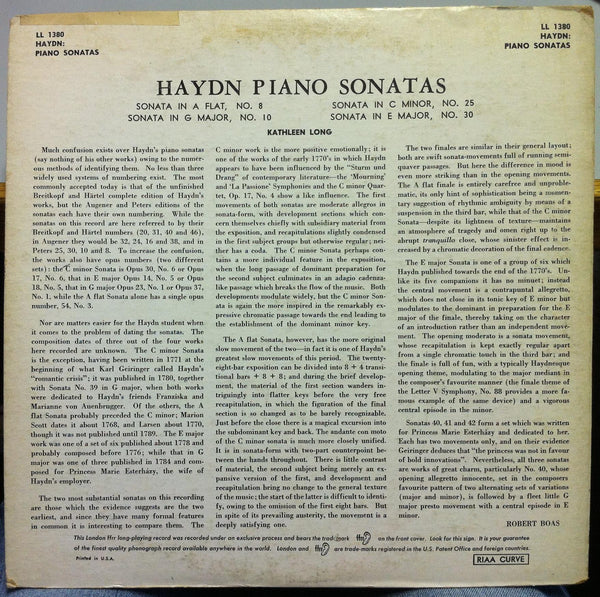 Kathleen Long - Haydn Piano Sonatas LP VG+ LL 1380 London FFrr UK Mono 1A/1A - Shuga Records