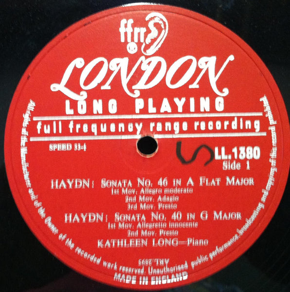 Kathleen Long - Haydn Piano Sonatas LP VG+ LL 1380 London FFrr UK Mono 1A/1A - Shuga Records