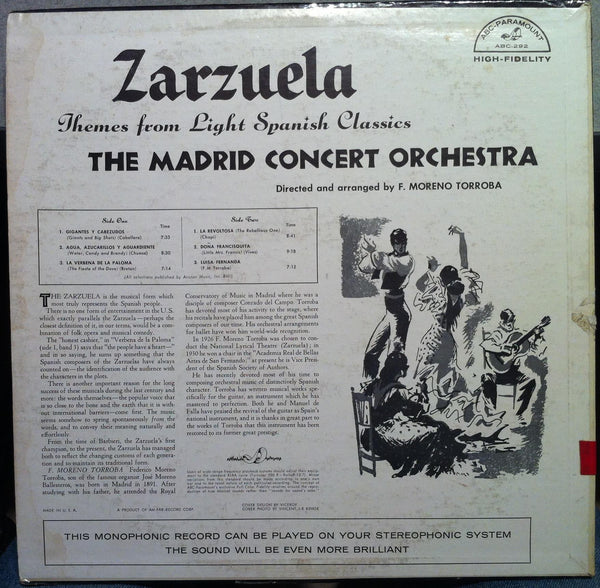 F Moreno Torroba - Zarzuela LP VG ABC 292 Vinyl Record 1st - Shuga Records