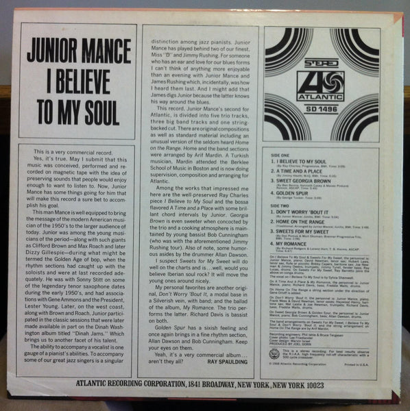 Junior Mance - I Believe To My Soul - VG LP Record 1968 Atlantic USA Vinyl - Jazz / Soul-Jazz - Shuga Records
