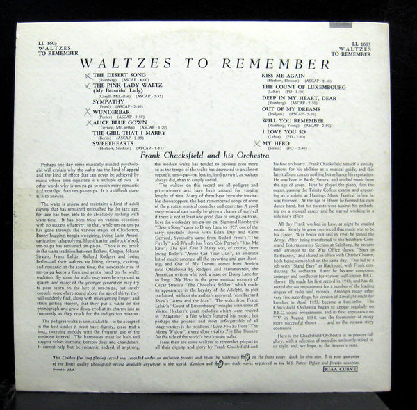FRANK CHACKSFIELD waltzes to remember LP VG+ LL.1603 UK ffrr Mono Vinyl Record - Shuga Records