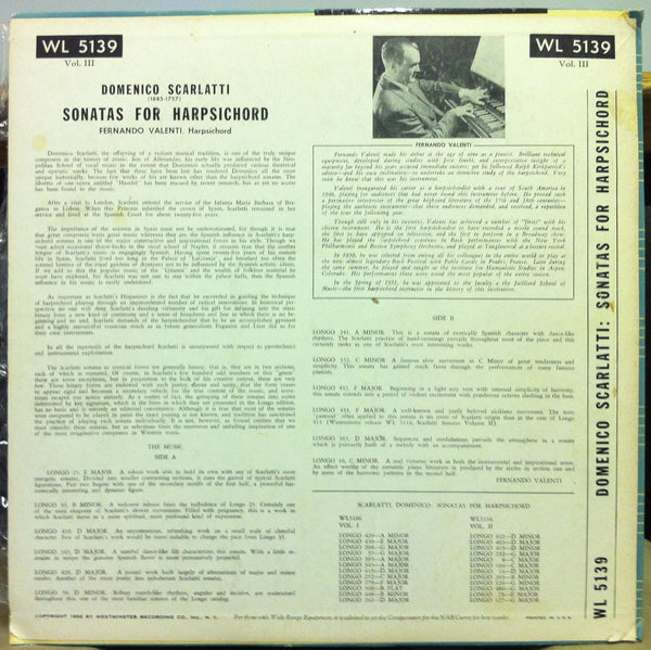 Fernando Valenti - Scarlatti Sonatas For Harpsichord Vol. III LP VG+ WL 5139 - Shuga Records