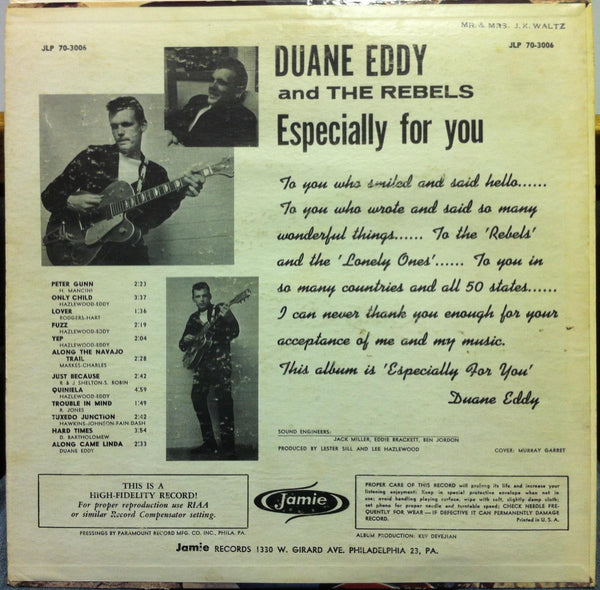 DUANE EDDY & THE REBELS especially for you LP VG+ JLP 70-3006 Mono USA 1959 - Shuga Records