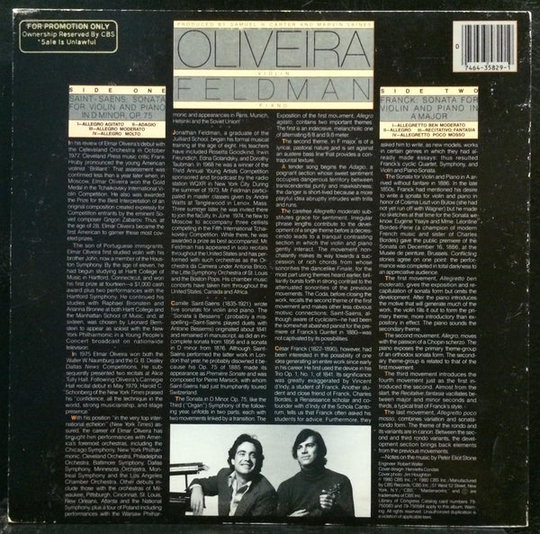 Elmar Oliveira - Saint-Saens & Franck Violin LP Mint- MX 35829 1980 White Promo - Shuga Records