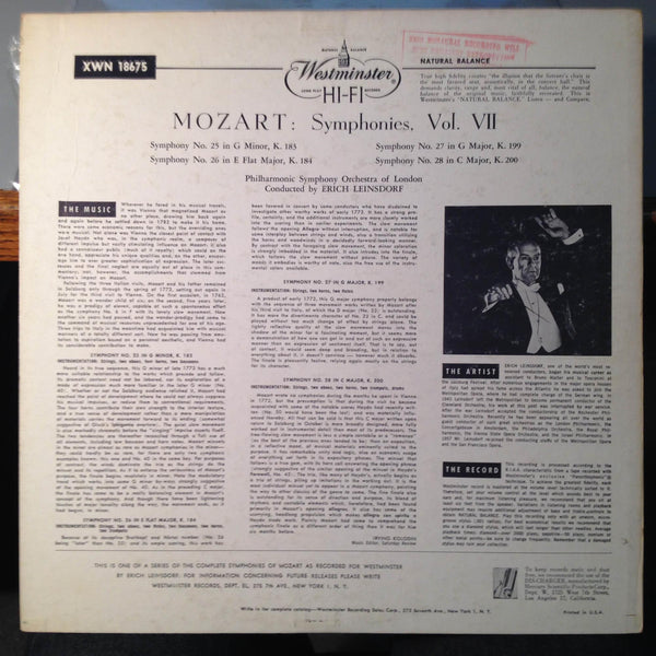 Erich Leinsdorf - Mozart Symphony No 25,26,27,28 LP VG+ XWN 18675 Westminster - Shuga Records