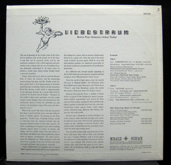 FIEDLER / BOSTON POPS liebstraum LP Mint- LSC-2546 RCA Living Stereo Vinyl - Shuga Records