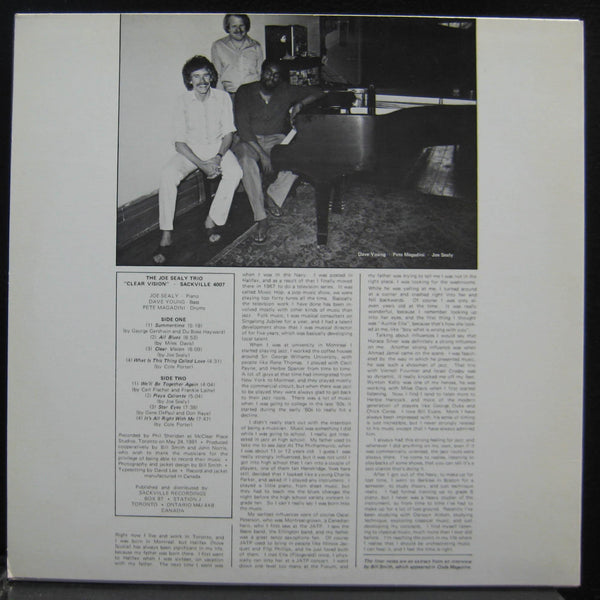 Joe Sealy Trio - Clear Vision LP Mint- SACKVILLE 4007 Canada Record w/Insert - Shuga Records