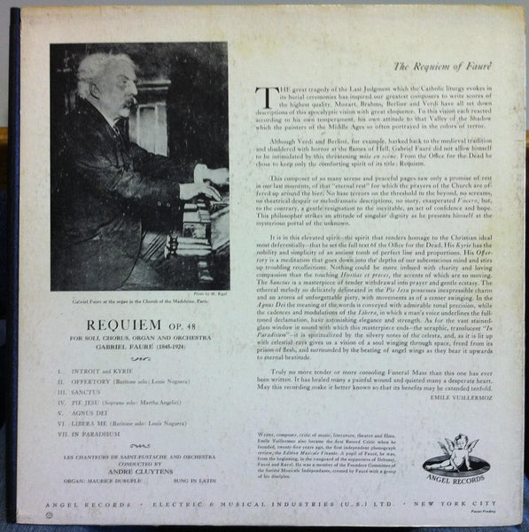ANDRE CLUYTENS faure requiem LP VG+ ANG 35019 Vinyl UK Mono 1st Press Angel - Shuga Records