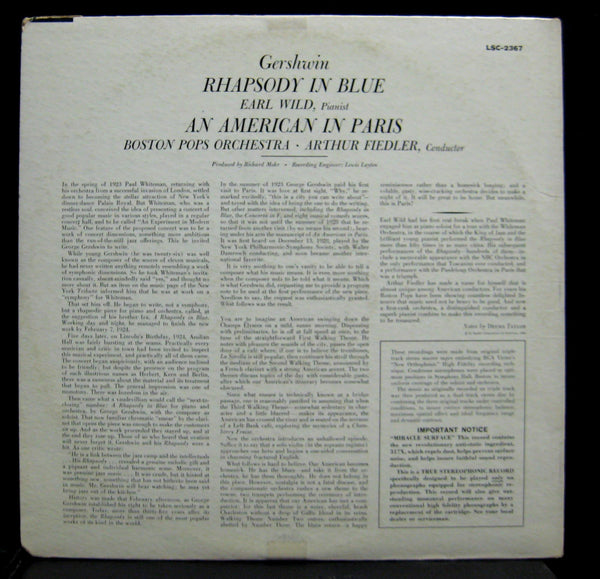 FIEDLER gershwin rhapsody in blue LP VG+ LSC-2367 Living Stereo US SD TAS HP '60 - Shuga Records