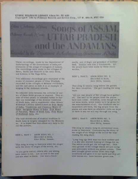 Various - Songs Of Assam,Uttar Pradesh And The Andamans LP VG+ LP Record 1960 Ethnic Folkways Library USA Vinyl & Booklet - World Music / Folk - Shuga Records