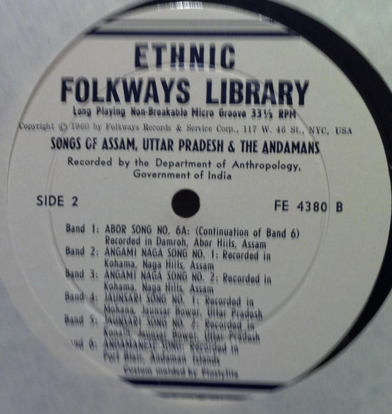 Various - Songs Of Assam,Uttar Pradesh And The Andamans LP VG+ LP Record 1960 Ethnic Folkways Library USA Vinyl & Booklet - World Music / Folk - Shuga Records