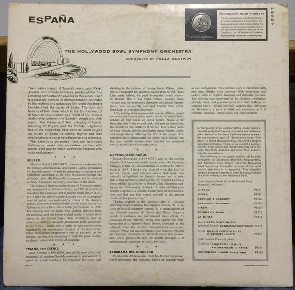 Felix Slatkin - Espana LP VG+ P 8357 Capitol USA Mono FDS Ravel/Albeniz - Shuga Records