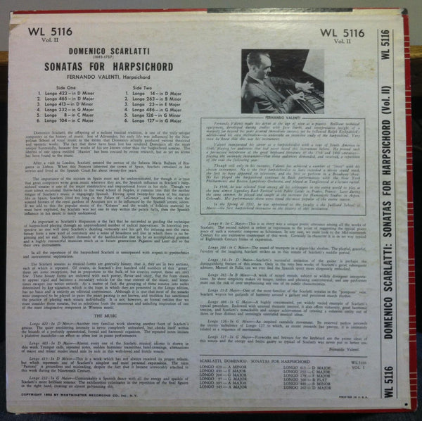 Fernando Valenti - Scarlatti Sonatas For Harpsichord Vol II LP VG+ WL 5116 Vinyl - Shuga Records