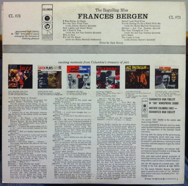 Frances Bergen - The Beguiling Miss LP VG+ CL 873 Vinyl 1957 6i 1st Press - Shuga Records