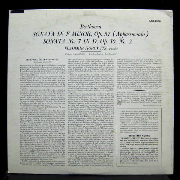 VLADIMIR HOROWITZ beethoven appassionata LP VG+ LSC-2366 Living Stereo USA SD - Shuga Records