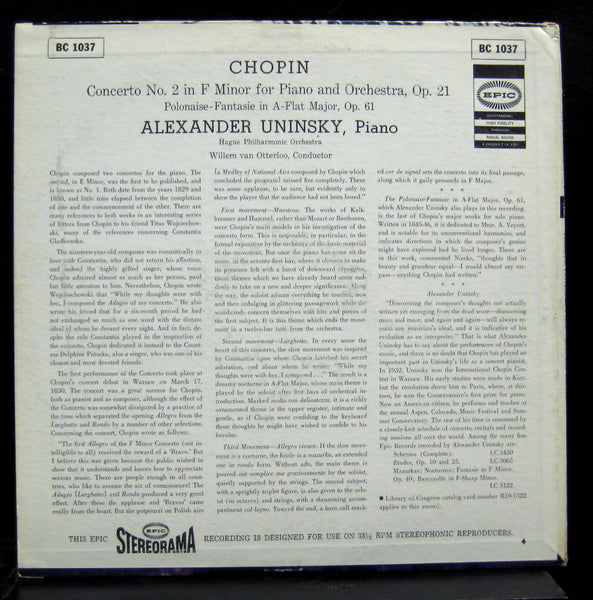 ALEXANDER UNINSKY chopin piano concerto no 2 LP VG+ BC 1037 Stereo US Epic Gold - Shuga Records