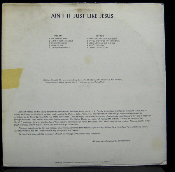 KENNETH & VANESSA & COMPANY ain't it just like jesus LP VG+ Private Xian RPC - Shuga Records