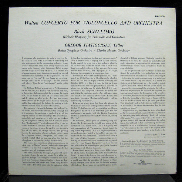 GREGOR PIATIGORSKY bloch schelomo / walton cello LP VG+ LM-2109 Mono 1957 SD USA - Shuga Records