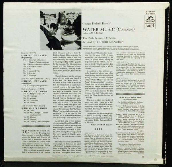 YEHUDI MENUHIN handel water music LP Mint- S 36173 Angel 1964 Stereo 2nd USA - Shuga Records