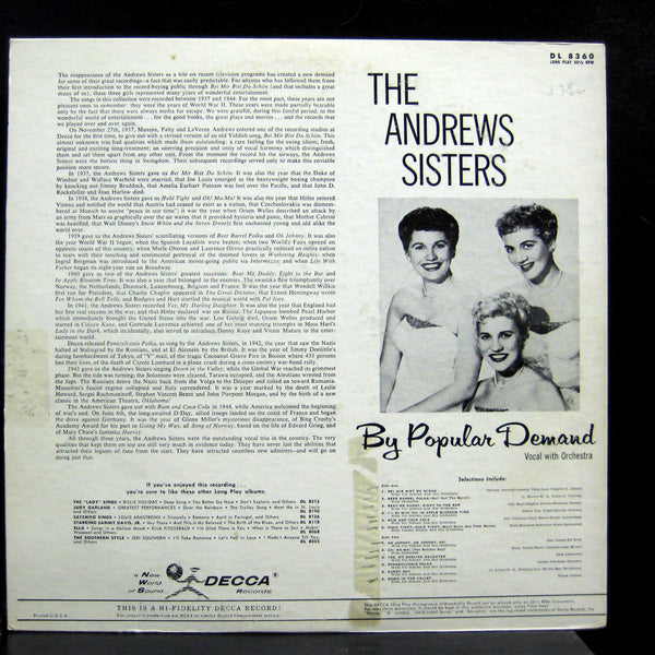 ANDREWS SISTERS by popular demand LP VG+ DL 8360 Decca Mono 1st Vinyl Record - Shuga Records