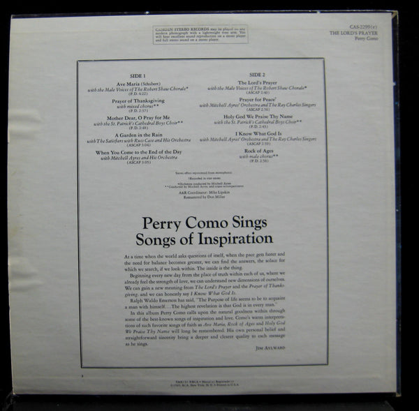 Perry Como - The Lord's Prayer LP VG+ CAS-2299 Vinyl 1969 Record - Shuga Records