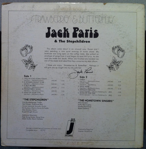 JACK PARIS strawberries & butterflies LP VG+ Private 1975 IA Folk Rock - Shuga Records