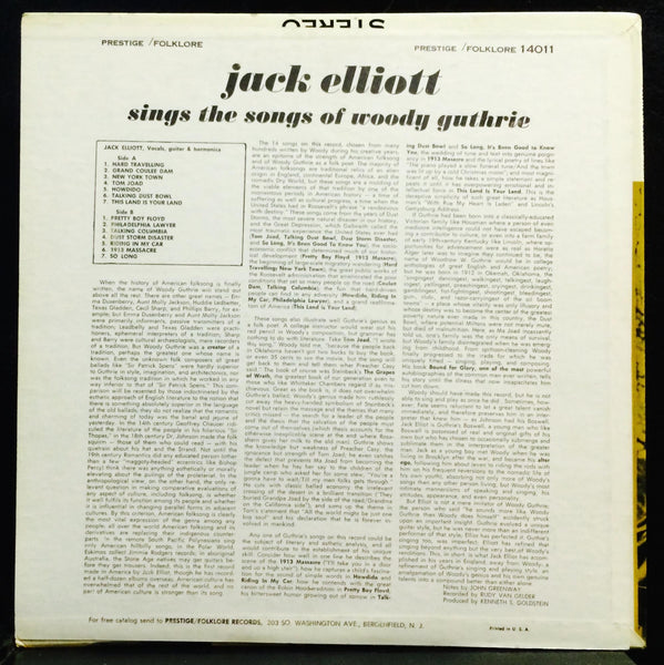 JACK ELLIOTT sings songs of woody guthrie LP Mint- 14011 Prestige 1963 RVG USA - Shuga Records