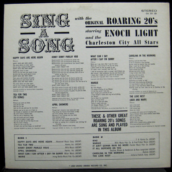 ORIGINAL ROARING 20'S sing a song LP VG+ GA 251 SD Tracy Sugarman Enoch Light - Shuga Records