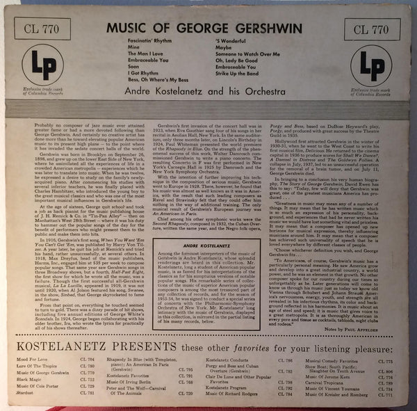 ANDRE KOSTELANETZ music of george gershwin LP VG CL 770 Mono USA 1965 CBS 6 Eye - Shuga Records