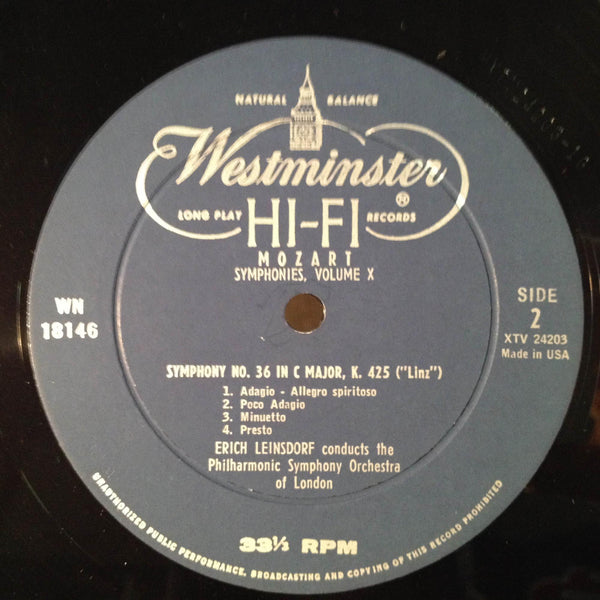 ERICH LEINSDORF mozart symphony no 35,36,37 LP Mint- XWN 18146 Westminster USA - Shuga Records