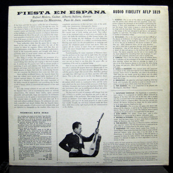 Rafael Molero - Fiesta En Espana LP VG+ AFLP-1819 Mono Vinyl 1957 Record - Shuga Records