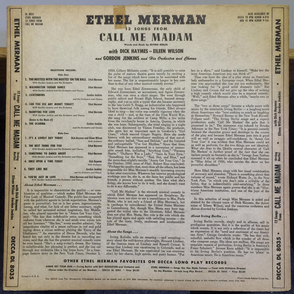 ETHEL MERMAN 12 songs from call me madam LP Mint- DL 8035 Decca 1950 Mono USA - Shuga Records