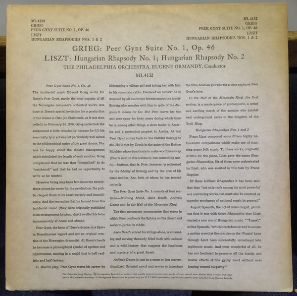 Eugene Ormandy - Grieg Peer Gynt & Liszt LP VG+ ML 4132 Mono 1949 J.P. McCleery - Shuga Records