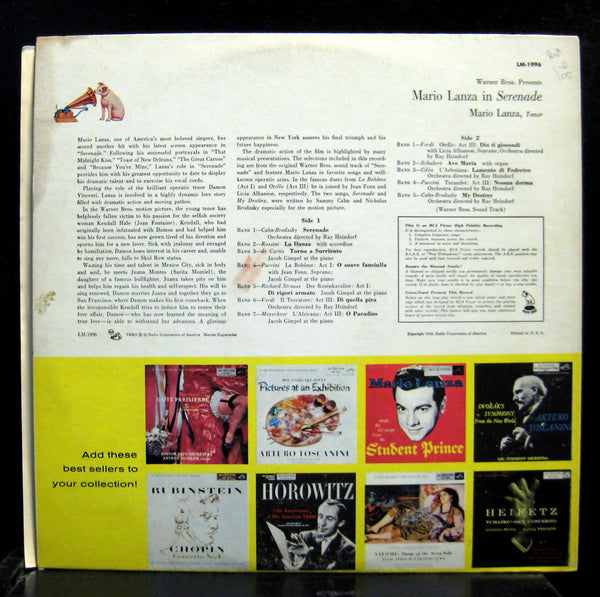 SOUNDTRACK MARIO LANZA serenade LP VG+ LM-1996 Mono Vinyl 1956 Record - Shuga Records