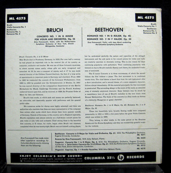 FRANCESCATTI bruch & beethoven violin LP VG+ ML 4575 Alex Steinweiss 1952 ED1 - Shuga Records